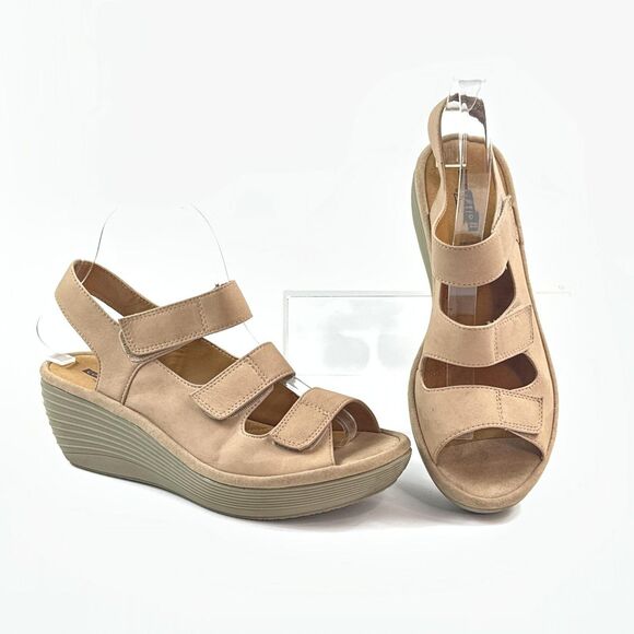 Clarks Reedly Juno Wedge Sandals Shoes Womens Size 8 Comfort Hook Loop Beige Tan - Picture 1 of 13